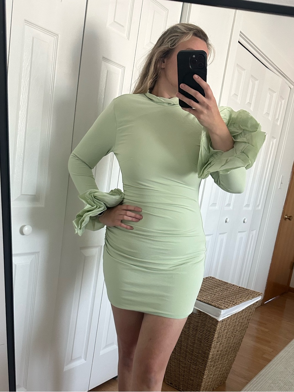 House of CB 'Camilla' PistachioLong Sleeve Ruffle Cuff Mini Dress - Picture 7 of 7